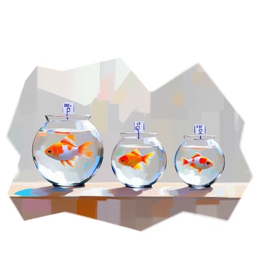 A collection of fish swimming in bowls of varying sizes, arranged to visually represent equivalent ratios. Each bowl contains a different type of fish, showcasing a range of colors and patterns. The largest bowl houses a vibrant goldfish, while the medium-sized bowl features a striking betta fish with flowing fins. In the smallest bowl, a tiny guppy is darting around energetically. Each bowl is labeled with its corresponding size and ratio, clearly illustrating the concept. The bowls are placed on a wooden table, with a soft light reflecting off the water's surface.