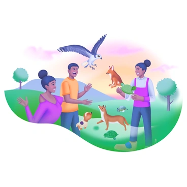 A scene depicting a group of volunteers carefully releasing rescued animals back into the wild. The volunteers include a diverse mix of individuals, dressed in casual outdoor clothing, showing expressions of compassion and hope. One volunteer is gently lowering a hawk into the air, while another is placing a small rabbit on the ground. Several other small animals, such as a fox and a turtle, are also being set free. In the background, a vibrant sunset paints the sky with shades of orange, pink, and purple, casting a warm glow over the lush greenery surrounding them. Silhouettes of trees and distant hills frame the scene, creating a sense of tranquility and new beginnings.