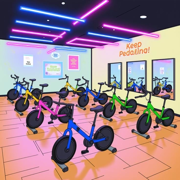 An indoor cycling studio with a bright and energetic ambiance. The room is filled with several colorful stationary bikes, each a different hue such as blue, pink, and green. Above, vibrant neon lights are arranged in a geometric pattern, casting a lively glow throughout the space. The hardwood floor reflects the light, enhancing the upbeat atmosphere. In the background, large mirrors cover the walls, allowing participants to see their reflections as they ride. There are motivational posters on the walls with quotes like "Keep Pedaling!" in bold, playful fonts.