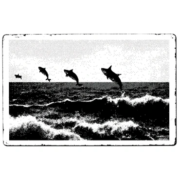 A vintage nautical postcard features a painted seascape with rolling waves and a clear horizon. Several fish are depicted jumping from the water, their bodies arched gracefully in mid-air. The ocean is illustrated with detailed textures, showing the movement of the waves. The sky above is filled with soft, billowing clouds, adding depth to the scene. The edges of the postcard are slightly worn, emphasizing its vintage nature.