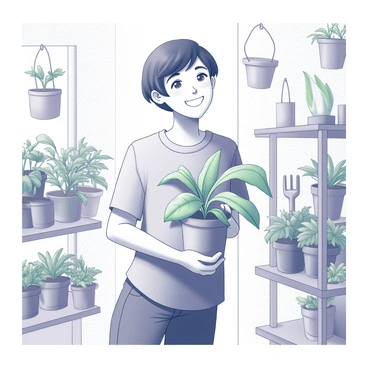 A person is standing inside a garden center, cradling a small houseplant with green leaves close to their chest. They are wearing a bright smile, indicating their joy and excitement. The individual has short hair and is dressed in casual clothing, such as a t-shirt and jeans. Surrounding them are various other plants in pots, arranged neatly on shelving units. In the background, there are hanging planters and gardening tools displayed on the walls, creating a lively atmosphere.