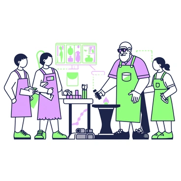 A group of apprentices is gathered around a seasoned master demonstrating ironwork techniques. The master, an elderly man with a beard, is wearing a leather apron and safety goggles. He stands beside an anvil, striking a glowing piece of iron with a hammer. The apprentices, three young individuals, are intently watching; one has short hair and is taking notes, while another has long hair tied back and is holding a pair of tongs. The third apprentice is examining some finished iron pieces displayed on a nearby table. The workshop is filled with tools, materials, and an industrial atmosphere.