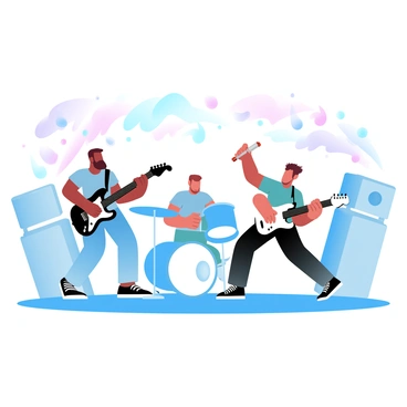 A rock band is performing energetically on a stage. The lead guitarist is playing a shiny electric guitar, while the drummer is behind a full drum set, hitting the drums vigorously. The bassist stands to the side, holding a bass guitar and moving with the rhythm. Colorful stage lights illuminate the band members, creating a vibrant atmosphere. A large speaker stack is visible behind them, and a crowd of fans can be seen in front, dancing and cheering. An array of musical notes seem to float around, highlighting the lively performance.