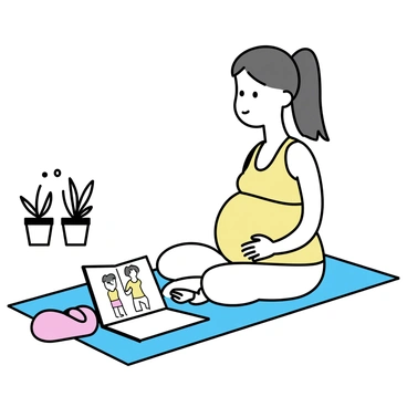 A pregnant woman, with a round belly, is seated on a yoga mat. She is wearing comfortable, loose-fitting athletic wear in soft pastel colors. In front of her, a maternity guide, depicted as an illustrated book showing exercises, is open on the mat. The woman is focusing on a specific exercise, looking concentrated and relaxed. Her long hair is tied back in a ponytail, and she is in a serene indoor space with a few potted plants nearby.