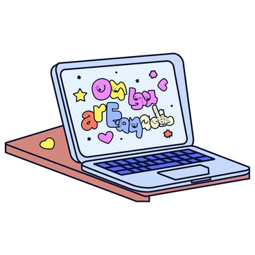 A laptop with a sleek silver finish is placed on a wooden table. The laptop's cover is adorned with a collection of colorful stickers. One sticker features the phrase "You Are Enough" in bold, playful letters, surrounded by a rainbow of colors. Another sticker displays the words "Love Yourself" in a whimsical font, decorated with hearts. Additional smaller stickers in various shapes and colors add to the vibrant display, creating a lively and positive atmosphere.