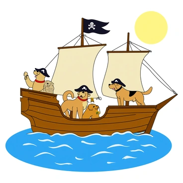 A large, colorful pirate ship with billowing sails is sailing on vibrant blue seas. The ship has wooden planks and a Jolly Roger flag waving at the top of the mast. Onboard, a group of excited dogs of various breeds, including a golden retriever, a bulldog, and a beagle, are wearing pirate hats and eye patches. One dog stands proudly at the helm, looking through a spyglass. Another dog is holding a weathered treasure map with a big "X" marked on it. The sun shines brightly in a clear sky, reflecting off the gentle waves surrounding the ship. The dogs are wagging their tails, embodying their adventurous spirit.