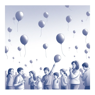 A sky filled with numerous balloons of different shapes and sizes drifting gently. The balloons are scattered across the blue sky, creating a sense of movement. Below, a happy crowd is gathered, with people of varying ages smiling and laughing. Some individuals are holding balloons, while others are enjoying fair activities. The scene conveys a lively atmosphere, with families and friends interacting, capturing the joy of a sunny day at a fair.