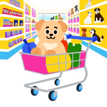 A cute puppy with fluffy fur sitting inside a shopping cart at a pet store. The puppy has big, expressive eyes and playful ears that perk up. The cart is filled with colorful pet supplies, including bags of dog food, shiny toys, and fluffy blankets. Bright, vibrant displays of pet accessories line the shelves in the background. The store is well-lit, creating a cheerful atmosphere with a variety of dog breeds visible in the background.