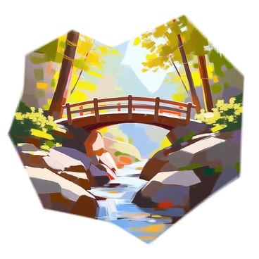 A sturdy wooden bridge crossing over a deep ravine, surrounded by lush greenery.