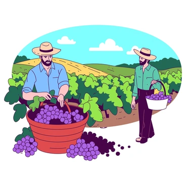 Two farmers are harvesting grapes in a vineyard. One farmer, dressed in a blue shirt and a straw hat, is carefully picking clusters of grapes from a vine and placing them into a large red basket. The second farmer, wearing a green shirt, is walking along the rows of grapevines with a white basket filled with freshly picked grapes. In the background, rolling hills stretch towards a bright sky, dotted with fluffy white clouds. The vines are lush with green leaves, and the grapes are ripening to a deep purple hue.