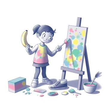 A cartoon character trying to paint with various odd objects like a banana and a shoe instead of traditional brushes.