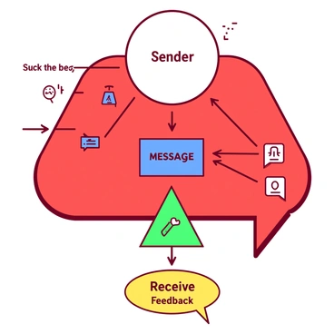 A red diagram features the key components of the Eugene White communication model. In the center, there is a bold white circle labeled "Sender," with arrows extending outward. Each arrow leads to a blue rectangle labeled "Message," which displays various icons representing different forms of communication. From the message, more arrows branch out to a green triangle labeled "Receiver," signifying the audience. Below the triangle, there is a yellow speech bubble with the words "Feedback" written inside. The overall composition is visually balanced, creating an engaging and educational representation of the communication model.