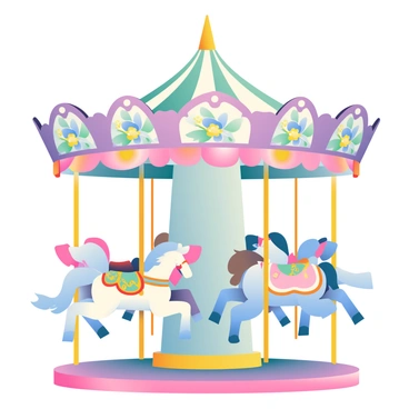 A vintage carousel is set against a soft pastel background. The carousel features ornately decorated horses, each with unique patterns and vibrant colors. Some horses have detailed saddles adorned with golden accents, while others have flowing manes and tails in shades of blue, pink, and white. The carousel's canopy is adorned with intricate floral motifs in shades of lavender and cream, providing an elegant touch. The spinning motion of the carousel creates a sense of joy and nostalgia, as colorful lights twinkle along the edges, casting a warm glow in the surrounding area.