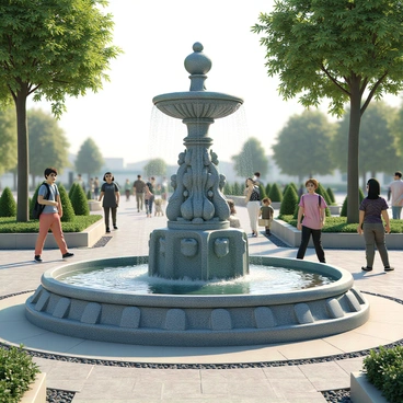 A public fountain made of intricately carved stone, featuring a circular base with detailed floral patterns. Water flows gently from the top, cascading down in the form of tiny exosomes, resembling glistening droplets. The surrounding area is adorned with neatly arranged plants and small pebbles, creating a serene atmosphere. The sunlight sparkles off the water, illuminating the exosome-like droplets as they catch the light. People are walking nearby, some stopping to admire the unique fountain and its unusual water flow.