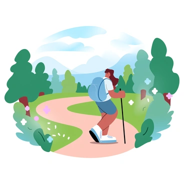 A person is hiking along a winding trail that curves through a national park. The individual is wearing a sturdy backpack and outdoor clothing suitable for hiking. The trail is lined with vibrant, lush greenery, including various types of trees and shrubs. Sunlight filters through the leaves, creating dappled patterns on the ground. In the background, there are gentle hills and patches of blooming wildflowers adding color to the scene.