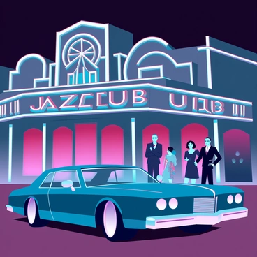 A sleek, art deco-style car with sharp angles and chrome accents is parked in front of a jazz club. The car features a deep blue color with a polished finish, gleaming under the streetlights. The jazz club has an ornate façade, showcasing intricate geometric designs and bold lettering reading "Jazz Club" in elegant fonts. A small group of well-dressed patrons is mingling outside, dressed in 1920s attire, with flapper dresses and suits. The night sky is dark, but the warm glow from the club's windows casts a festive ambiance on the scene.