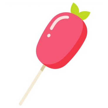A giant lollipop shaped like a strawberry, showcasing a vibrant red color with green leaf accents at the top. The surface of the lollipop has a glossy sheen, reflecting light with a shiny finish. The stick is thick and white, providing support for the large candy. The overall size of the lollipop is exaggerated, making it appear larger than a person's head, emphasizing its playful and whimsical nature.