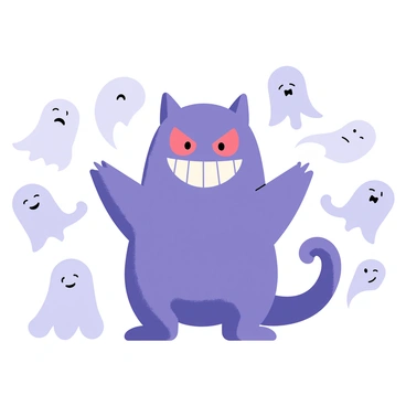 A purple Gengar with a wide grin stands at the center of the image. It is surrounded by several friendly, floating ghost companions in various shades of blue and white. Each ghost has distinct features, such as varied expressions and shapes, enhancing their friendly appearance. Some of the ghosts have playful smiles, while others appear to be laughing. The background is a simple gradient, allowing the Gengar and the floating ghosts to be the main focus of the illustration.