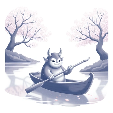 An oni with distinct features, such as sharp horns and a fierce expression, is seated at the stern of a traditional wooden boat. The boat is gently gliding down a peaceful river. On both sides of the river, cherry blossom trees are in full bloom, their branches laden with flowers that create a delicate canopy overhead. The water reflects the serene landscape, and scattered petals float on the surface, adding to the tranquil atmosphere. The oni holds a long paddle, skillfully maneuvering the boat through the calm waters.