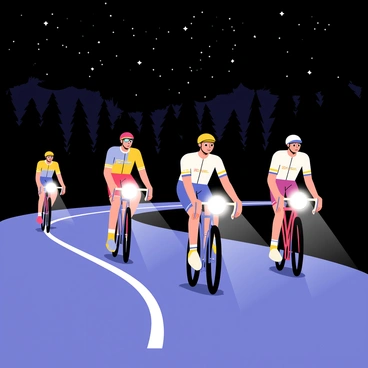 A bike race taking place at night under a dark sky filled with twinkling stars. Multiple cyclists are riding along a winding path, each wearing bright helmets and colorful racing jerseys. The front of their bikes is equipped with powerful headlights that cast beams of white light onto the asphalt, illuminating the road ahead. In the background, silhouettes of trees can be seen against the night sky. A sense of motion is captured as the cyclists pedal vigorously, creating a dynamic and energetic scene.