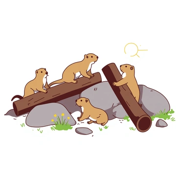 A group of brown prairie dogs is playfully interacting on a playground made of gray rocks and brown logs. Some prairie dogs are climbing on the logs, while others are peeking out from behind the rocks. One prairie dog is standing on its hind legs, curiously looking around. The sun casts soft shadows on the ground, highlighting the playful atmosphere of this natural setting. In the background, patches of green grass and small wildflowers add to the vibrant environment.