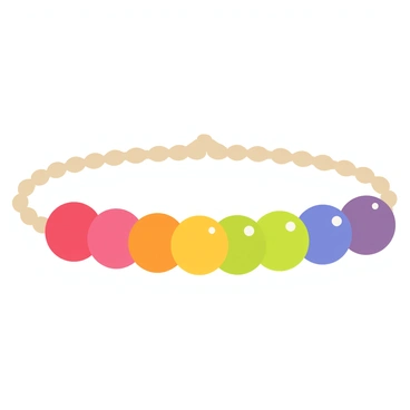 A spiritual bracelet featuring a series of beads in different colors, each representing a specific chakra. The bracelet has a light brown, woven cord that holds the colorful beads in place. Each bead is distinct; the first bead is red, symbolizing the root chakra, followed by an orange bead for the sacral chakra, a yellow bead for the solar plexus chakra, a green bead for the heart chakra, a blue bead for the throat chakra, an indigo bead for the third eye chakra, and a violet bead for the crown chakra. The beads are glossy and round, glimmering under the light, and the overall arrangement of the beads forms a beautiful circle, ready to be worn.