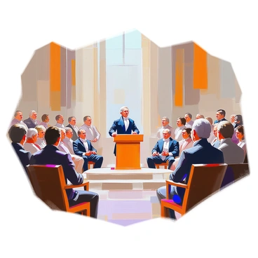 A historical debate scene taking place in a grand hall with elegant architecture. Attendees are dressed in period attire reflecting the early 19th century, featuring men in frock coats and cravats, and women in flowing gowns with wide skirts and intricate details. At the center, a speaker stands at a podium, passionately addressing the crowd about the implications of "Marbury v. Madison." The audience displays a mix of expressions, including intrigue and contemplation, as they listen attentively. Rich wooden paneling and large windows provide a backdrop to this lively and significant discussion.