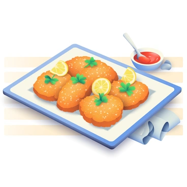 A large, elegant serving dish is placed on a wooden table. In the center of the dish, there are several crunchy, golden-brown parmesan-crusted chicken cutlets arranged neatly. The chicken cutlets are garnished with fresh parsley sprigs and lemon wedges, their crispy texture shining under soft light. To the side of the dish, there is a small bowl of marinara sauce with a spoon resting beside it, ready for dipping. The setting is complemented by a delicate white tablecloth that adds a touch of elegance to the presentation.