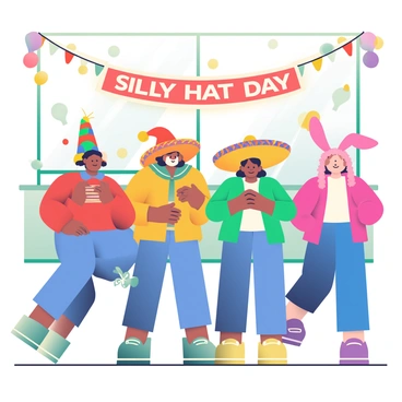 A group of office workers is gathered in a brightly lit office space, all wearing outrageous hats for a silly hat day competition. One worker has a tall, colorful jester hat adorned with bells, while another wears a large sombrero with vibrant patterns. A third worker sports a fuzzy pink bunny hat with long floppy ears. In the background, a banner reading "Silly Hat Day" is strung across the office, decorated with balloons and streamers. The workers are smiling and posing playfully for a group photograph, showcasing their unique hats.