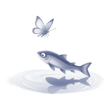 A small minnow swims just below the water's surface, its sleek body glistening in the light. It has large, curious eyes, focused intently on a butterfly hovering above. The butterfly, with delicate wings, flutters gracefully, casting a shadow over the water. The surface of the water is calm, with tiny ripples emanating from the movement of the minnow. The scene captures the moment of interaction as nature unfolds.