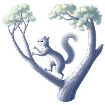 A squirrel with a slender body and bushy tail is balancing on a thick tree branch. The squirrel is posed gracefully on its hind legs, with its front legs lifted in a delicate position. The surrounding tree features rough bark and lush green leaves, enhancing the natural setting. Sunlight filters through the foliage, casting dappled shadows on the branch. The squirrel's expression is focused and determined, showcasing its commitment to the dance.