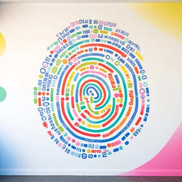 A large mural covers the wall, showcasing a vibrant genetic fingerprint that is made up of intricate allele patterns. The fingerprint's lines weave together in a dynamic display of color, featuring shades of blue, red, green, and yellow. Each section of the fingerprint presents distinct and unique patterns, symbolizing various genetic traits. The surrounding area of the mural is painted in a smooth gradient, enhancing the brightness of the colors in the fingerprint and providing a striking contrast to the background. Each allele pattern is detailed and precise, capturing the complexity of genetic diversity.