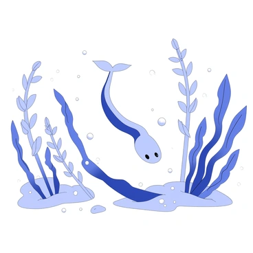 An underwater scene features a nematode swimming gracefully among various aquatic plants. The nematode is elongated with a smooth body, showcasing fine details of its structure. Surrounding it, the aquatic plants have long, slender stems and feathery leaves, creating a lush environment. Bubbles rise from the plants, indicating movement in the water. Tiny particles float around, adding texture to the scene. The plants sway gently, creating a sense of a lively underwater ecosystem.