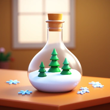 A glass flask filled with faux snow sits on a wooden table. Inside the flask, tiny pine trees are arranged among the snow. The flask has a cork stopper, and soft light reflects off its surface. Snowflakes are scattered around the base of the flask, enhancing the winter scene. The atmosphere is warm and inviting, evoking a festive feeling.