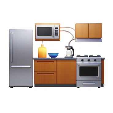 A modern kitchen featuring various appliances such as a refrigerator, oven, microwave, and coffee maker. Each appliance is designed with sleek lines and contemporary finishes. All appliances are interconnected with visible wiring, emitting a soft, warm glow to indicate they are powered. The countertops are made of polished granite, adding a touch of elegance. The kitchen cabinets are a rich wood color, complementing the stainless steel appliances. The overall atmosphere is inviting with an organized layout that showcases the appliances prominently.