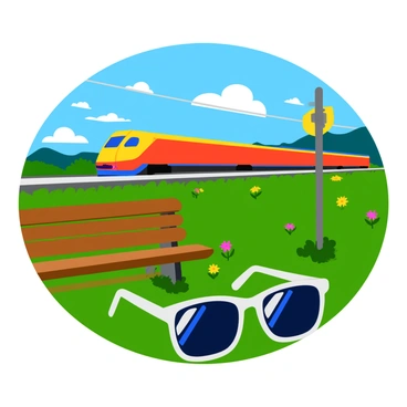 A sleek, high-speed train with a streamlined design is racing along the tracks. The train is painted in bright colors, showcasing its modern appearance. Nearby, a pair of sunglasses is resting on a wooden park bench. The sunglasses have large, reflective lenses that display the vibrant image of the train as it zooms by. The bench is surrounded by green grass and colorful flowers, creating a lively park atmosphere. Sunlight glints off the lenses, enhancing the reflection of the train.