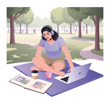 A freelance illustrator is focused on their work at a laptop situated on a picnic blanket. The laptop is open, displaying a colorful digital art project. The illustrator has curly dark hair and is wearing headphones. They are dressed in a light blue t-shirt and khaki shorts. Sunlight filters through the leaves of tall green trees surrounding the area, casting dappled shadows on the blanket. In the background, there is a glimpse of a walking path and a few people enjoying the sunny day. A coffee cup is placed beside the laptop, and a sketchbook lies open, showcasing various drawings.