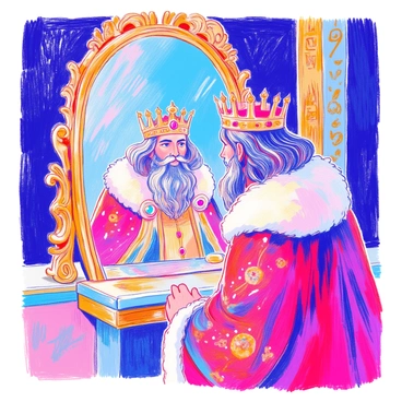 A king with a majestic beard and long flowing hair is gazing at his reflection in a large gilded mirror. He is wearing an ornate crown adorned with jewels that sparkle in the light. His royal attire includes a richly embroidered cloak that drapes over his shoulders. The room is decorated with opulent furnishings, and intricate patterns can be seen on the walls. The mirror's frame features elaborate designs, enhancing the grandeur of the scene.