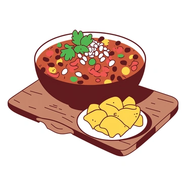 A warm bowl of chili is placed on a wooden table. The chili is vibrant and rich, filled with various types of beans, including black beans, kidney beans, and pinto beans. Pieces of diced tomatoes and green bell peppers are visible throughout the mixture. A sprinkle of finely chopped onions and fresh cilantro adorns the top of the chili. Next to the bowl, there is a small white plate with a handful of crispy tortilla chips. The scene is inviting and hearty, perfect for a cozy meal.