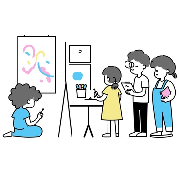 A group of four children is standing in an art gallery, each focused on their own drawing activity. The first child, a girl with curly hair, is sitting on the floor, sketching with a set of colored pencils. She is wearing a blue t-shirt and denim overalls. The second child, a boy with glasses, is standing next to a large canvas, holding a paintbrush and wearing a white shirt with splashes of paint on it. A third child, a girl with twin braids, is sitting at a small table, intently drawing with markers in a notebook. She is dressed in a yellow dress. The fourth child, a boy with short hair, stands beside her, observing a nearby painting while holding a sketchbook and pencil. The gallery has bright white walls and a few framed artworks displayed around them.
