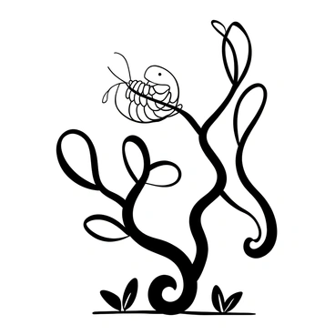 A caterpillar is shown on a twisting branch, with segments clearly defined. The caterpillar is in the process of spinning a cocoon, with silky threads extending from its body to the branch. Surrounding the caterpillar, there are several intricate branches, twisting and curling, creating an organic habitat. The scene includes additional leaves scattered nearby, emphasizing the natural setting.