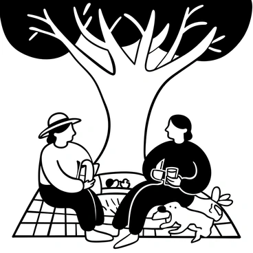 An elderly couple sitting on a checkered blanket under a large tree with a thick trunk and sprawling branches. The man is wearing a straw hat and is holding a sandwich, while the woman is pouring lemonade from a glass pitcher into two cups. A wicker picnic basket is placed beside them, slightly open, revealing fruit and snacks. A dog is lying next to them, looking content. Light rays filter through the leaves of the tree, casting intricate shadows on the ground.