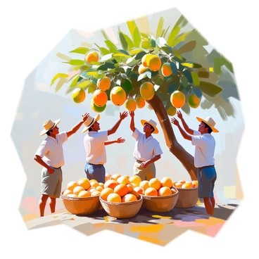 A group of farmers, a mix of men and women, are picking ripe mangoes from a large green tree with thick branches. They are dressed in traditional clothing, with some wearing wide-brimmed hats to shield themselves from the sun. The farmers carefully reach for the mangoes, their hands stretched towards the vibrant yellow and orange fruits hanging from the tree. As they harvest, they place the mangoes into woven baskets, which are piled on the ground nearby. The scene is filled with lush greenery, and the bright colors of the mangoes stand out against the leaves.