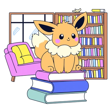 An Eevee with fluffy fur and large ears is sitting atop a stack of colorful books. The stack consists of books with various sizes and soft, rounded corners. The library features wooden shelves filled with neatly organized books. A warm light filters in from a large window, creating a cozy atmosphere in the space. A comfortable armchair is visible in the background, adding to the inviting feel of the library.