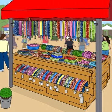 A vibrant marketplace stall overflowing with an array of colorful handmade friendship bracelets. The stall is made of wooden planks, with a bright red canopy providing shade. Various bracelets in shades of blue, pink, green, and yellow are neatly arranged on a display table. Some bracelets feature intricate beadwork, while others have colorful woven patterns. Shiny metal tags hang from some bracelets, each displaying a small price. In the background, there are shoppers exploring the marketplace, and a few small potted plants are placed around the stall to enhance the lively atmosphere.