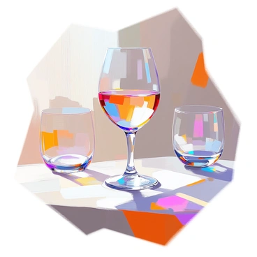 A wine glass made of transparent plastic rests on a wooden table. The glass is filled with shimmering liquid that reflects light in a spectrum of colors. The surface of the table is slightly textured, enhancing the glass's clear appearance. Soft highlights dance on the glass's surface, creating an eye-catching display. In the background, there are faint impressions of other glassware, adding depth to the scene.