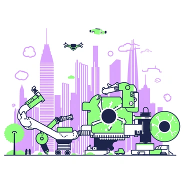 A futuristic cityscape with advanced machines using levers in innovative ways