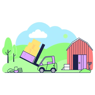 A forklift is lifting a stack of hay bales on a farm. The forklift is positioned in the center of the scene, with its forks sliding under a large bundle of golden hay bales. In the background, there are rolling green hills that stretch towards the horizon, dotted with a few trees. A red barn is visible to the right side of the forklift, with a weathered wooden exterior and a large door slightly ajar. Near the foreground, there are scattered farm tools, including a pitchfork and a shovel resting on the ground. Above, a clear blue sky is seen, with a few fluffy clouds drifting by.