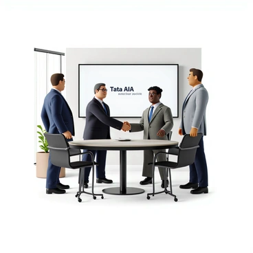 Two business people, one with light skin wearing a navy blue suit and the other with dark skin in a grey suit, are shaking hands. They are standing in an office setting with a large computer screen behind them. The screen displays the text "Tata AIA services" prominently in a clear, professional font. The office has a modern design with a glass conference table and minimalistic decor. Natural light is streaming in through a window, creating a bright atmosphere.