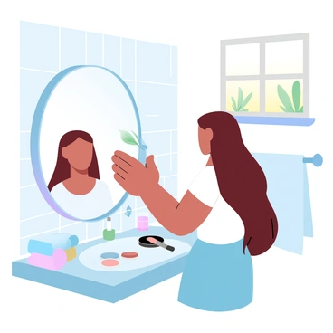 A young woman applying natural makeup in a sunlit bathroom.